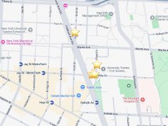 Screenshot of Google Maps with five buildings starred to show their locations. All are just east of Flatbush Ave at or around Willoughby St