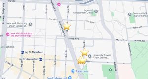 Screenshot of Google Maps with five buildings starred to show their locations. All are just east of Flatbush Ave at or around Willoughby St