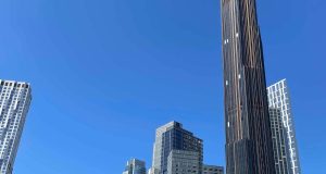 Sky photo of Downtown Brooklyn, with various skyscrapers poking up, including City Point and 9 Dekalb